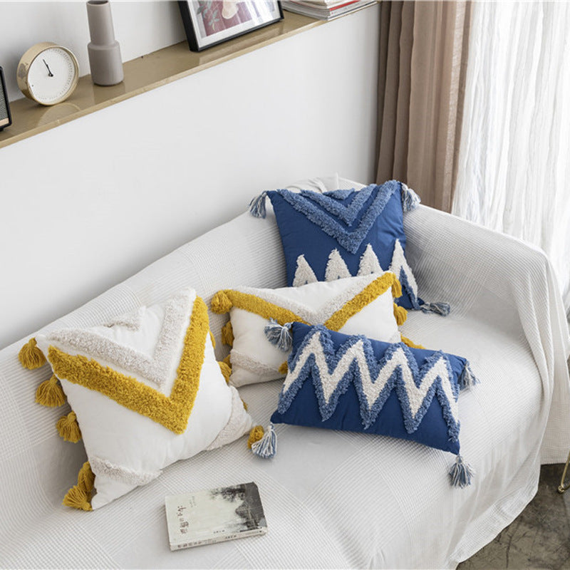 HKM-535827 Geometric Cotton Canvas Pillow Cushion Cover with Tassels, 45x45cm and 30x50cm Sizes