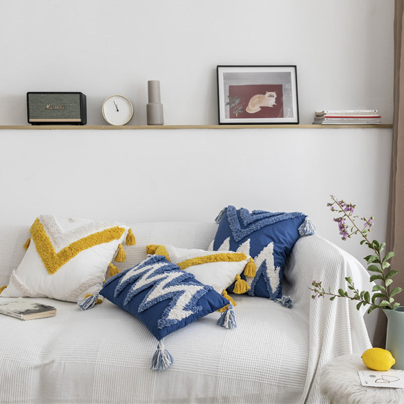 HKM-535827 Geometric Cotton Canvas Pillow Cushion Cover with Tassels, 45x45cm and 30x50cm Sizes