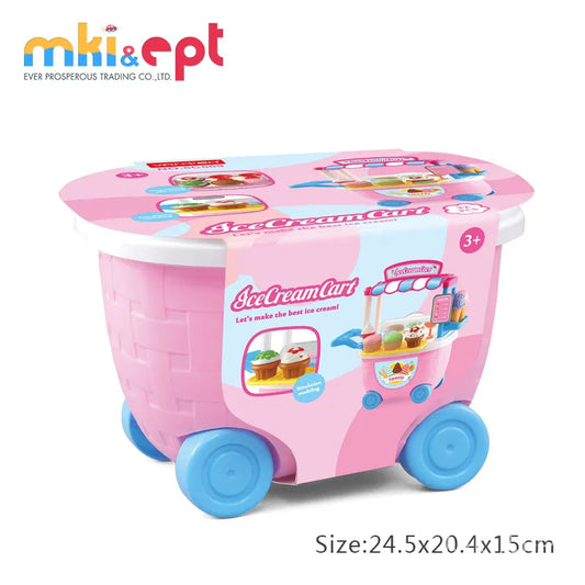 HKM-536275 Pink Ice Cream Cart Kitchen Set Toy with Shopping Trolley and Baskets for Kids Ages 2-7