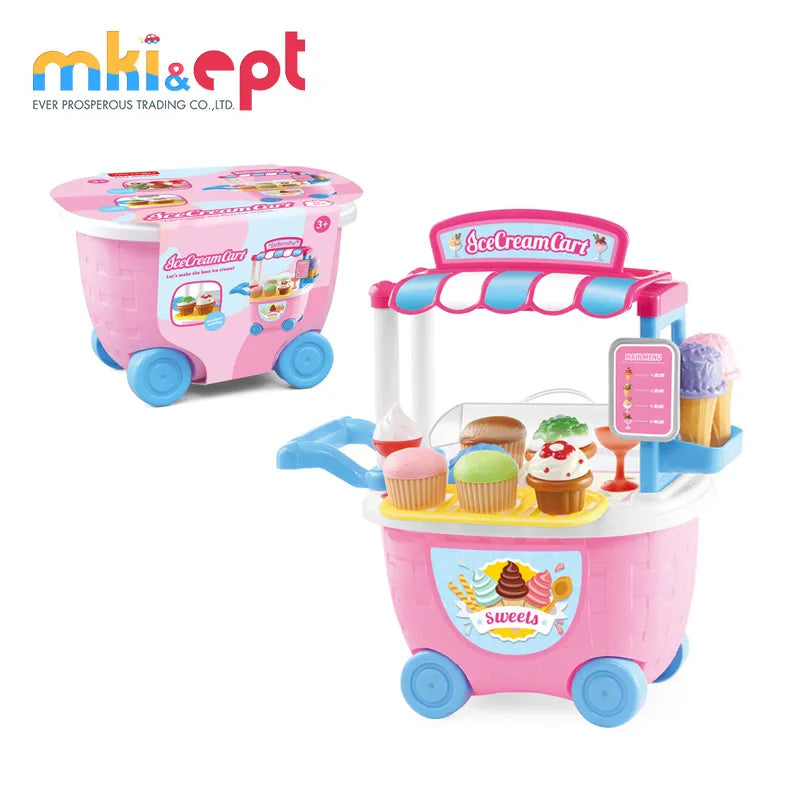 HKM-536275 Pink Ice Cream Cart Kitchen Set Toy with Shopping Trolley and Baskets for Kids Ages 2-7