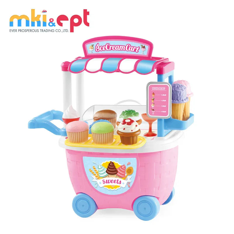 HKM-536275 Pink Ice Cream Cart Kitchen Set Toy with Shopping Trolley and Baskets for Kids Ages 2-7