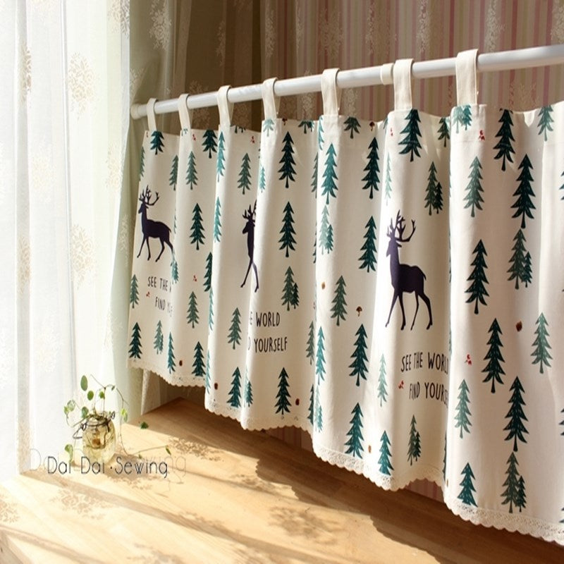 HKM-537299 Linen Cotton Christmas Elk Short Curtains for Decorative Use with Telescopic Rods