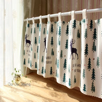 HKM-537299 Linen Cotton Christmas Elk Short Curtains for Decorative Use with Telescopic Rods
