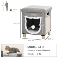HKM-537555 Cozy Cat House Cave with Removable Cushion, Scratching Pad & Toy Ball for Indoor Kittens - Grey