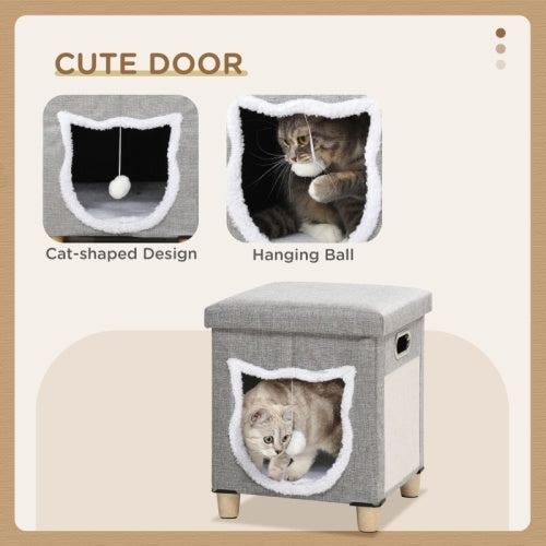 HKM-537555 Cozy Cat House Cave with Removable Cushion, Scratching Pad & Toy Ball for Indoor Kittens - Grey