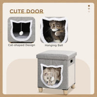 HKM-537555 Cozy Cat House Cave with Removable Cushion, Scratching Pad & Toy Ball for Indoor Kittens - Grey
