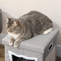 HKM-537555 Cozy Cat House Cave with Removable Cushion, Scratching Pad & Toy Ball for Indoor Kittens - Grey
