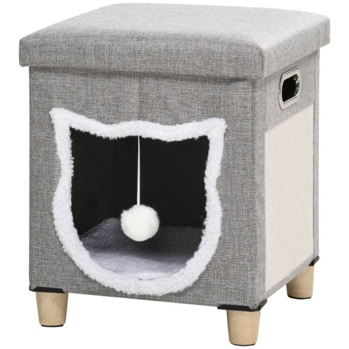 HKM-537555 Cozy Cat House Cave with Removable Cushion, Scratching Pad & Toy Ball for Indoor Kittens - Grey