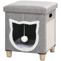HKM-537555 Cozy Cat House Cave with Removable Cushion, Scratching Pad & Toy Ball for Indoor Kittens - Grey