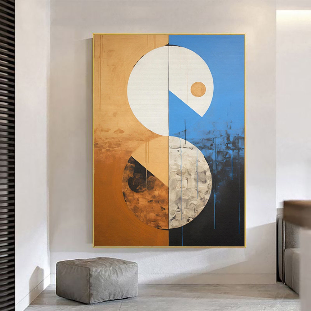 HKM-537683 Handmade Abstract Oil Painting on Canvas - Beige and Blue Tones for Modern Home Decor