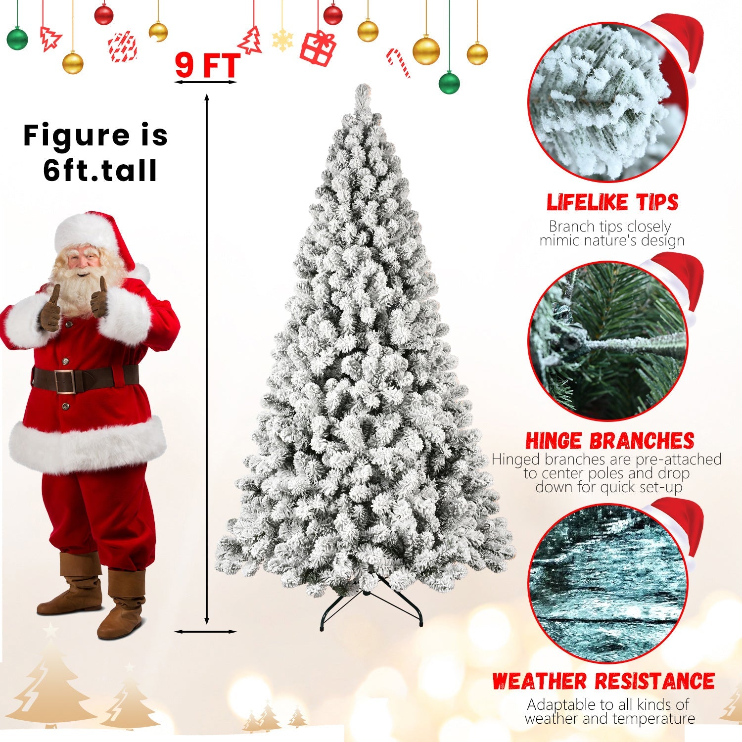 HKM-537875 Pre-Lit Flocked Artificial Christmas Tree in 5ft, 6ft, 8ft, and 9ft Sizes with Premium PVC Branches and Built-in Lights
