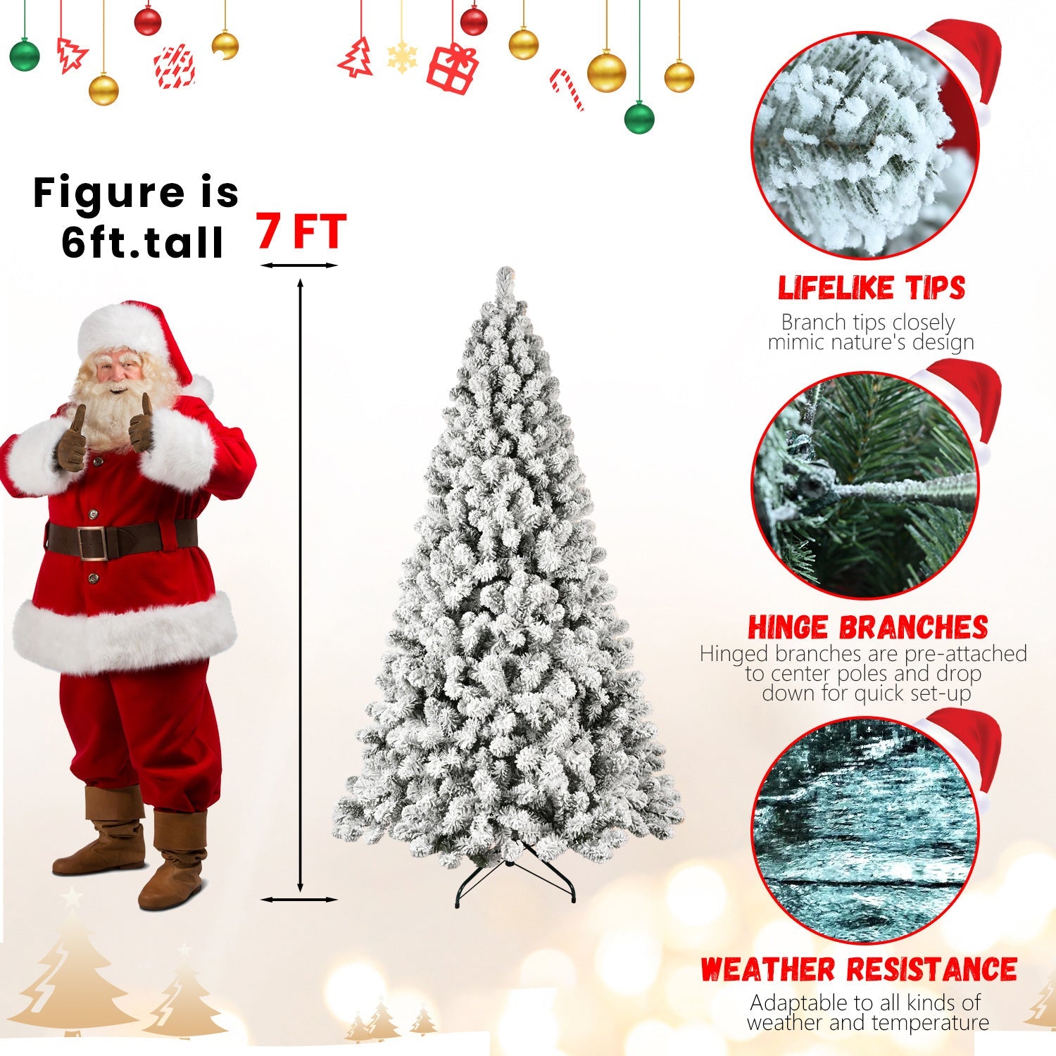 HKM-537875 Pre-Lit Flocked Artificial Christmas Tree in 5ft, 6ft, 8ft, and 9ft Sizes with Premium PVC Branches and Built-in Lights