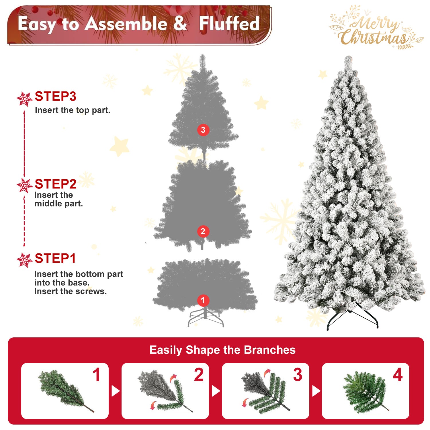 HKM-537875 Pre-Lit Flocked Artificial Christmas Tree in 5ft, 6ft, 8ft, and 9ft Sizes with Premium PVC Branches and Built-in Lights