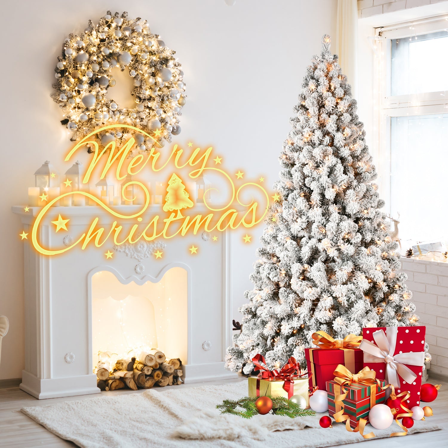 HKM-537875 Pre-Lit Flocked Artificial Christmas Tree in 5ft, 6ft, 8ft, and 9ft Sizes with Premium PVC Branches and Built-in Lights