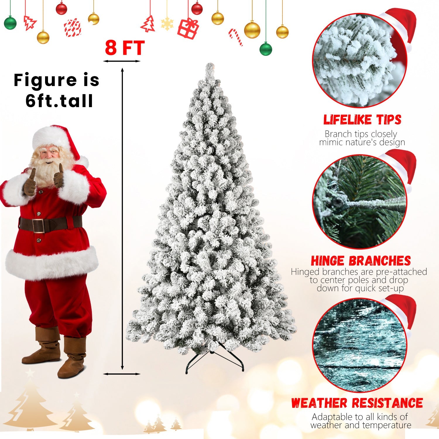 HKM-537875 Pre-Lit Flocked Artificial Christmas Tree in 5ft, 6ft, 8ft, and 9ft Sizes with Premium PVC Branches and Built-in Lights