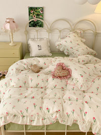 HKM-538067 Fresh Floral Pure Cotton Double-Layer Quilted Bedding Set - 4-Piece Collection