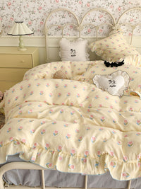 HKM-538067 Fresh Floral Pure Cotton Double-Layer Quilted Bedding Set - 4-Piece Collection