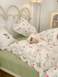 HKM-538067 Fresh Floral Pure Cotton Double-Layer Quilted Bedding Set - 4-Piece Collection