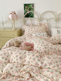HKM-538067 Fresh Floral Pure Cotton Double-Layer Quilted Bedding Set - 4-Piece Collection