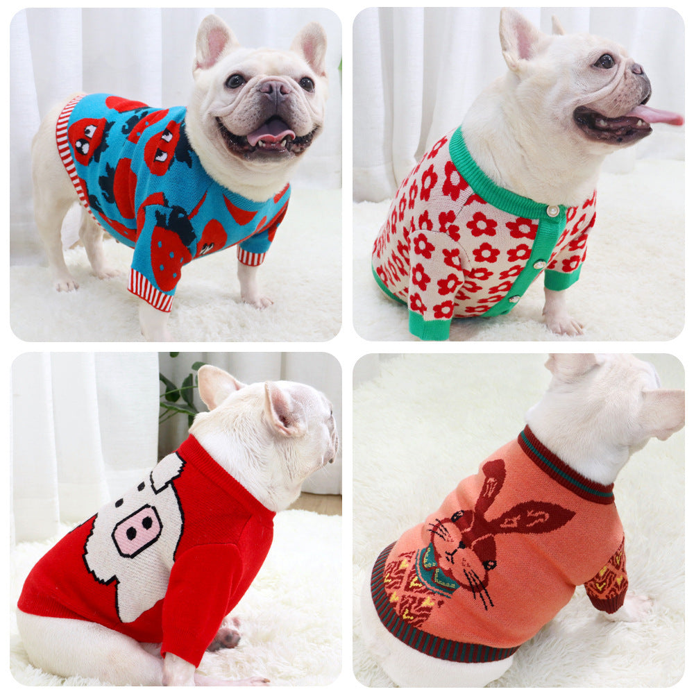 HKM-538323 Autumn and Winter Wool Dog Sweaters - Cute Cardigans with Floral and Animal Designs, Size S-XL