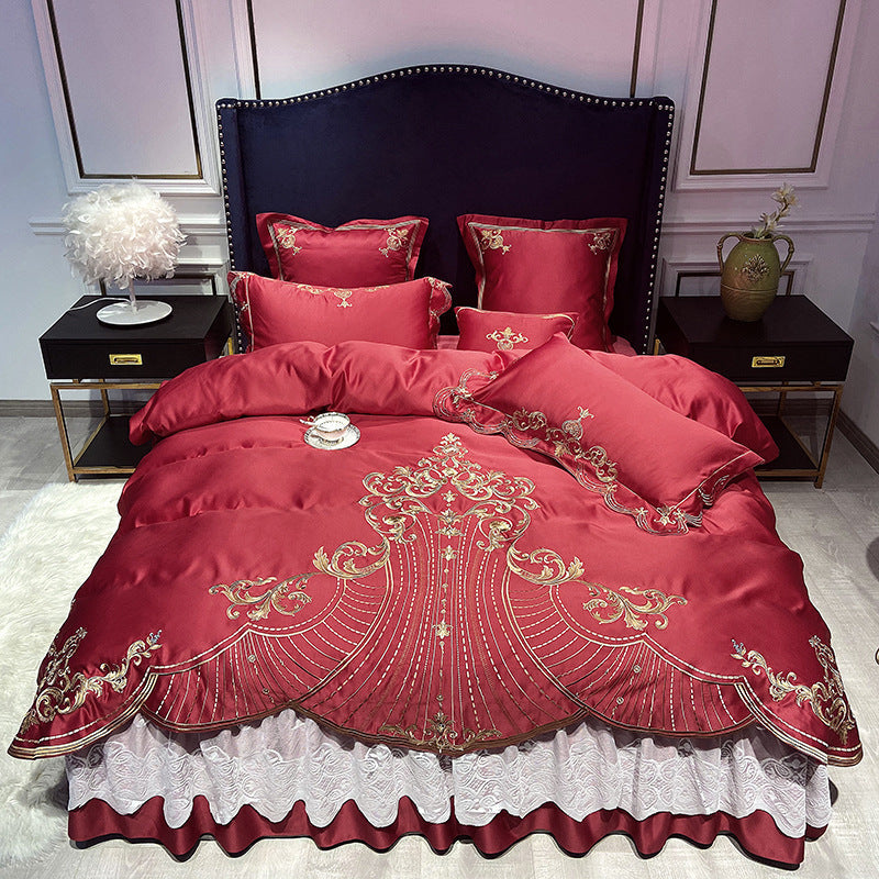 KTX-538515 European-Style Pure Cotton Bed Linen Set with Bed Skirt – Four-Piece Collection