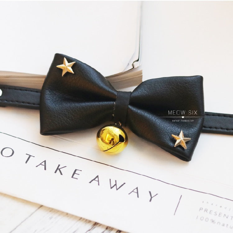 HKM-538899 Cowhide Bow Tie for Cats with Bell Options – Small to Medium Sizes Available