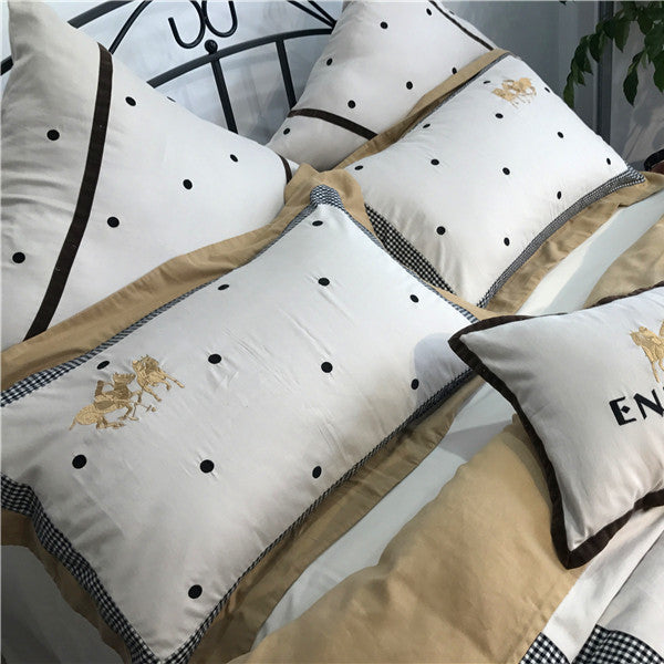 HKM-538899 Pure Cotton Velvet Embroidered Plaid Bedding Set - 4-Piece, Thick Warm Bedding for 1.5m to 2m Beds