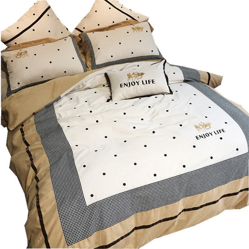 HKM-538899 Pure Cotton Velvet Embroidered Plaid Bedding Set - 4-Piece, Thick Warm Bedding for 1.5m to 2m Beds