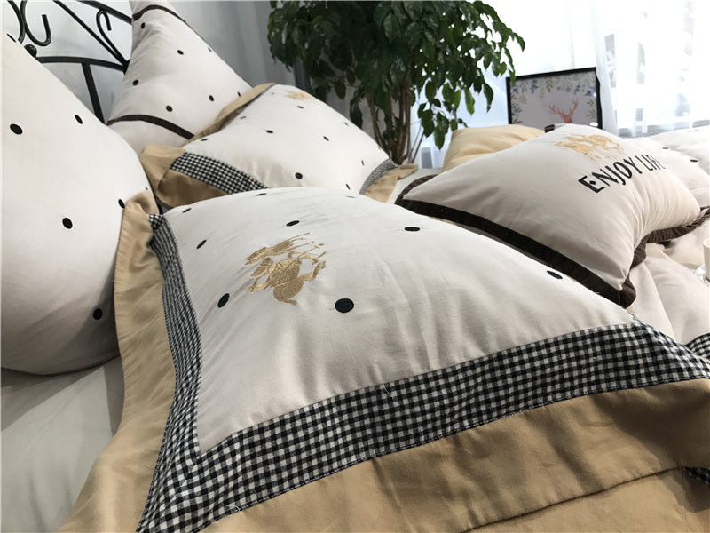 HKM-538899 Pure Cotton Velvet Embroidered Plaid Bedding Set - 4-Piece, Thick Warm Bedding for 1.5m to 2m Beds