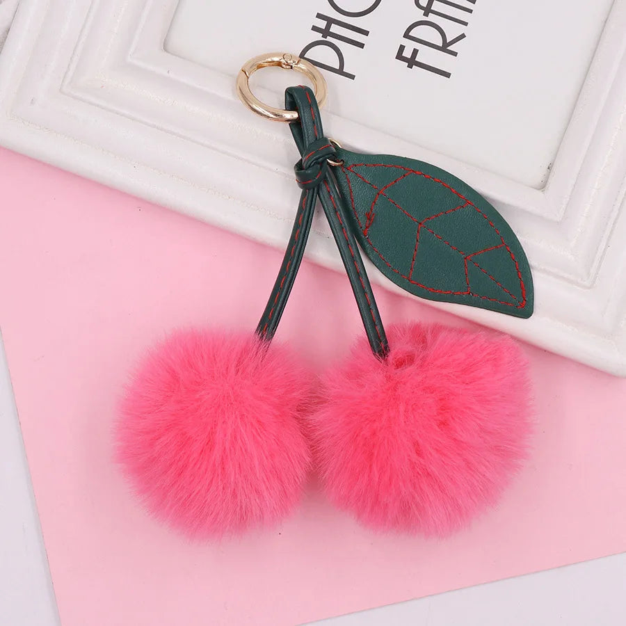 HKM-539731 Plush Cherry Keychain Keyring for Kids, Soft Cotton Fruit Toy, Cute Bag Decoration