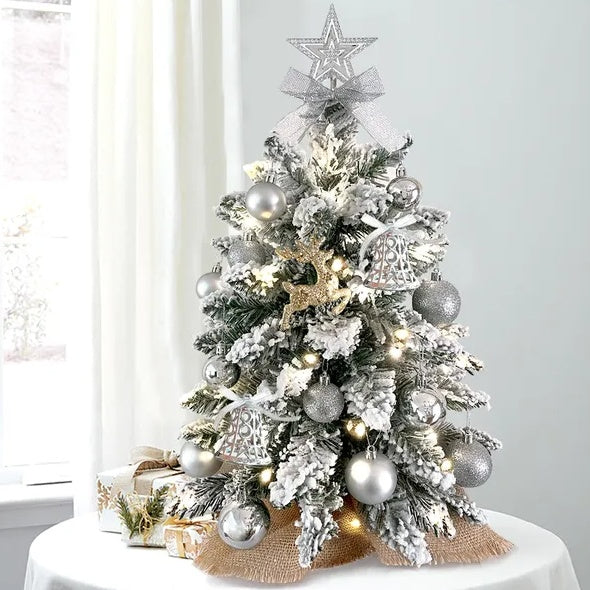 HKM-540179 22in Flocked Snow Tabletop Christmas Tree with Lights - Mini Red Holiday Decoration for Home & Office