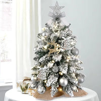 HKM-540179 22in Flocked Snow Tabletop Christmas Tree with Lights - Mini Red Holiday Decoration for Home & Office