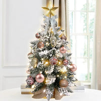 HKM-540179 22in Flocked Snow Tabletop Christmas Tree with Lights - Mini Red Holiday Decoration for Home & Office