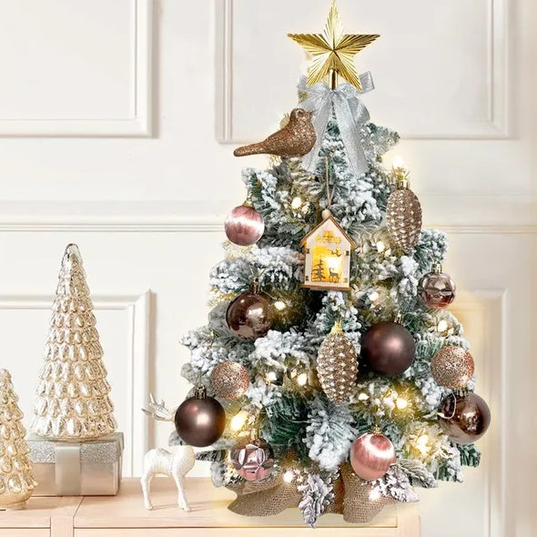 HKM-540179 22in Flocked Snow Tabletop Christmas Tree with Lights - Mini Red Holiday Decoration for Home & Office