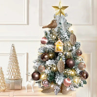HKM-540179 22in Flocked Snow Tabletop Christmas Tree with Lights - Mini Red Holiday Decoration for Home & Office