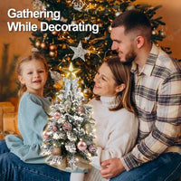 HKM-540179 22in Flocked Snow Tabletop Christmas Tree with Lights - Mini Red Holiday Decoration for Home & Office