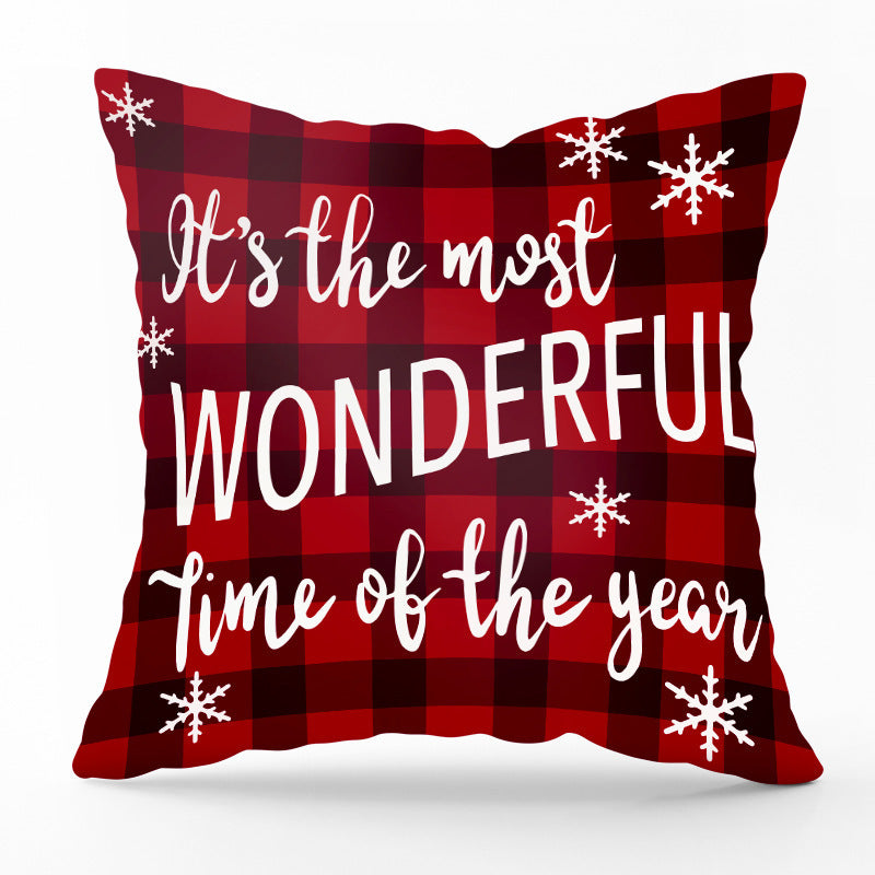 HKM-540435 Modern Linen Santa Plaid Print Pillowcase - 45x45cm, Leaf Pattern, No Pillow Insert Included