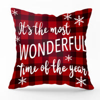 HKM-540435 Modern Linen Santa Plaid Print Pillowcase - 45x45cm, Leaf Pattern, No Pillow Insert Included