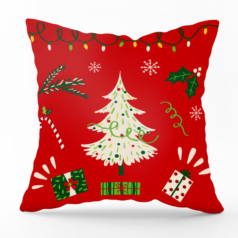 HKM-540435 Modern Linen Santa Plaid Print Pillowcase - 45x45cm, Leaf Pattern, No Pillow Insert Included