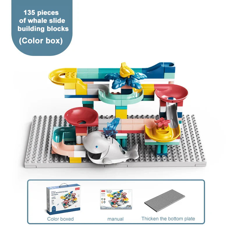 HKM-540627 Whale Rolling Ball Sliding Track Construction Toy Set - 135 Pieces, Educational Building Blocks for Ages 3 and Up