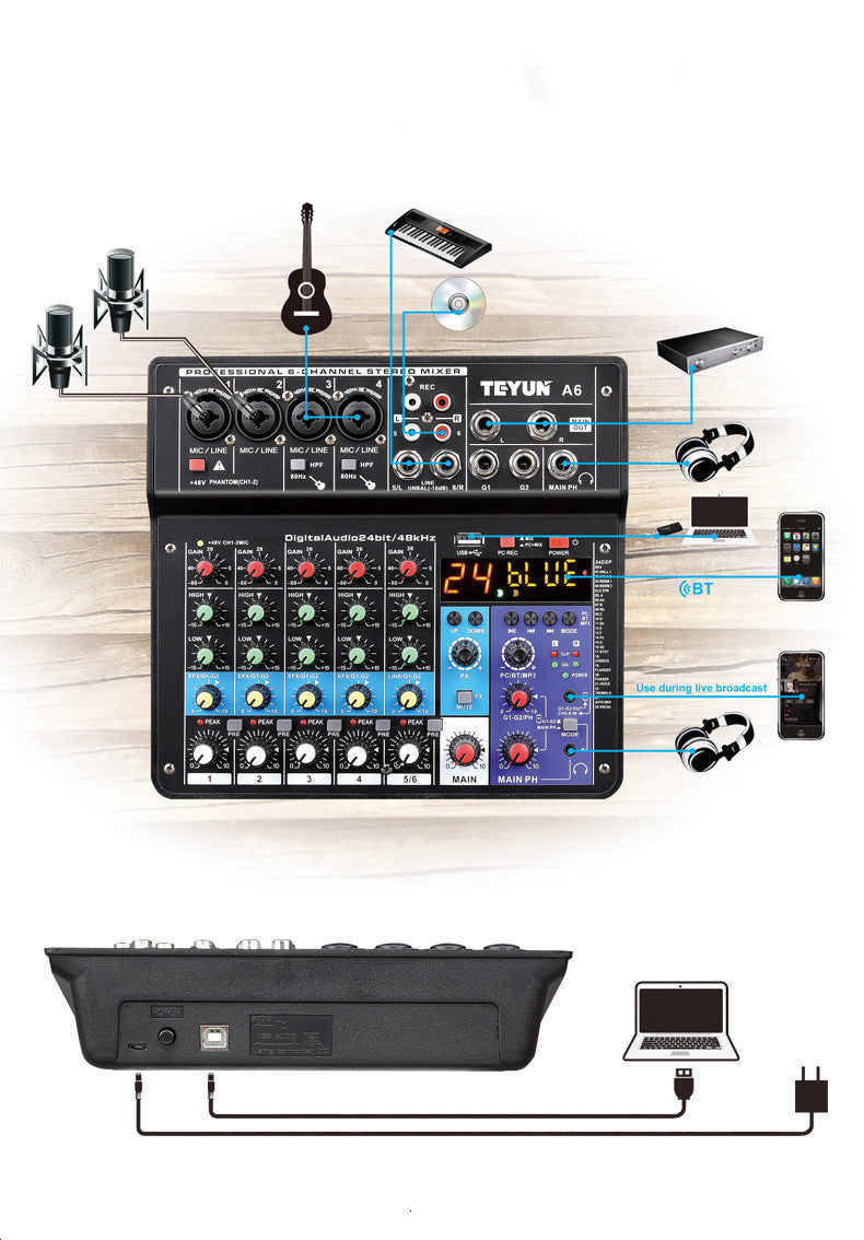 HKM-540755 Bluetooth Sound Card Mixer with Microphone Effects and USB Compatibility