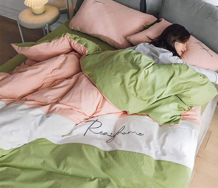 HKM-540883 Cotton Washed Four-Piece Double Bed Quilt Cover Set in Various Colors