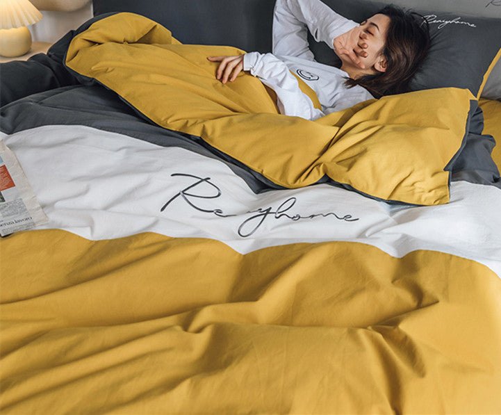 HKM-540883 Cotton Washed Four-Piece Double Bed Quilt Cover Set in Various Colors