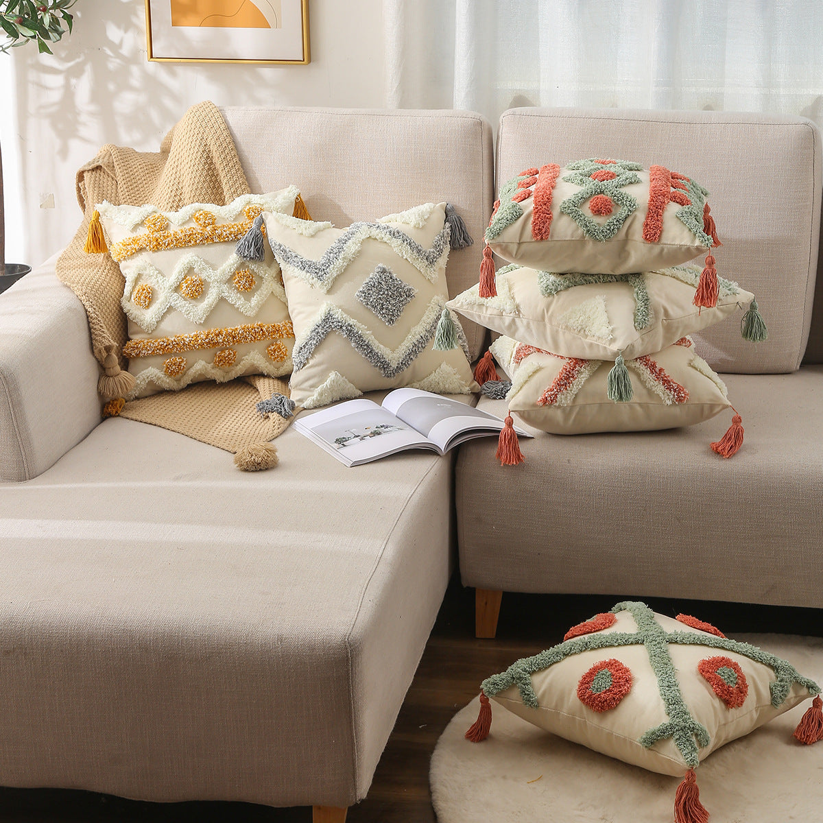 HKM-540947 Embroidered Cotton Pillowcase - Stylish 45x45cm Tufted Design for Living Room or Bedroom