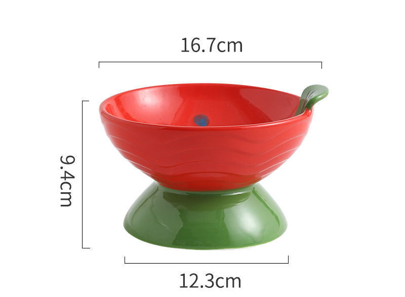 HKM-541075 Ceramic Cat Bowls Set with Placemat - Anti-Tip Design in Orange & Red Fish Patterns