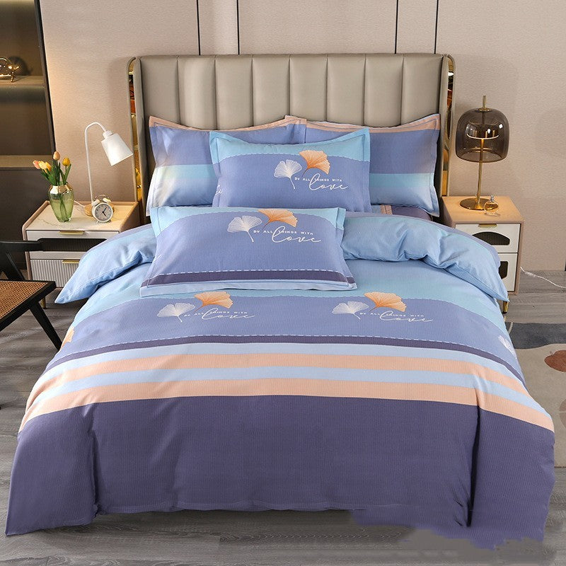HKM-541203 Cotton Brushed Printed Four-Piece Bedding Set in Stripes, Rainbow, Cartoon, and Floral Designs