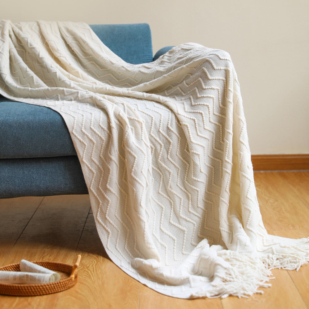 HKM-541267 Cozy Knitted Tassel Blanket for Office and Home Comfort - Yellow, Khaki, Navy, Beige