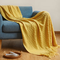 HKM-541267 Cozy Knitted Tassel Blanket for Office and Home Comfort - Yellow, Khaki, Navy, Beige