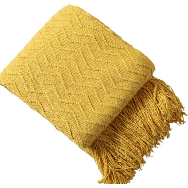 HKM-541267 Cozy Knitted Tassel Blanket for Office and Home Comfort - Yellow, Khaki, Navy, Beige