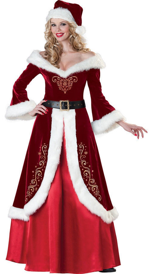 HKM-541651 Santa Couple Costume Set for Christmas - Corduroy Outfit with Wig & Beard - Adult Sizes M to 5XL
